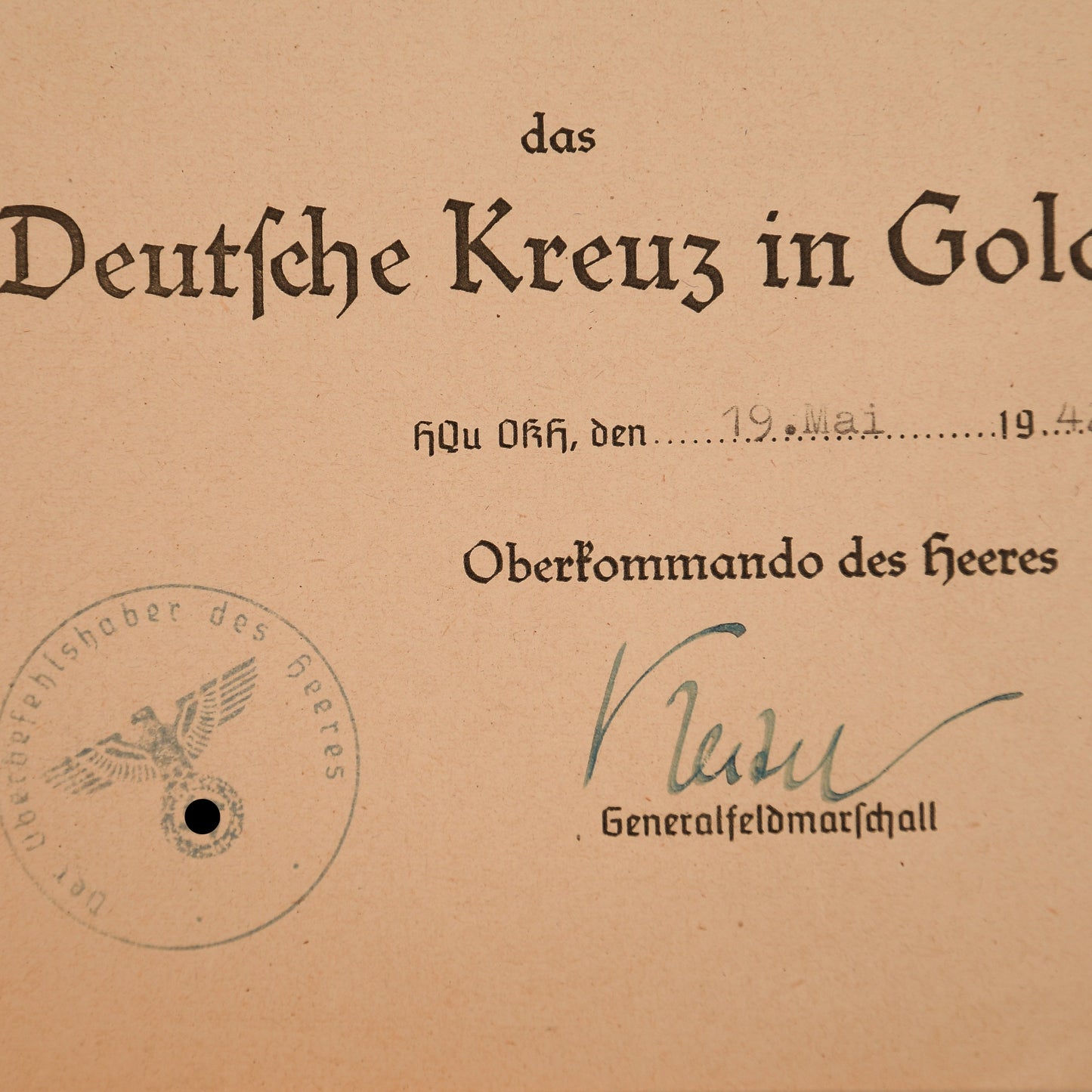 German WWII Waffen-SS German Cross in Gold Citation