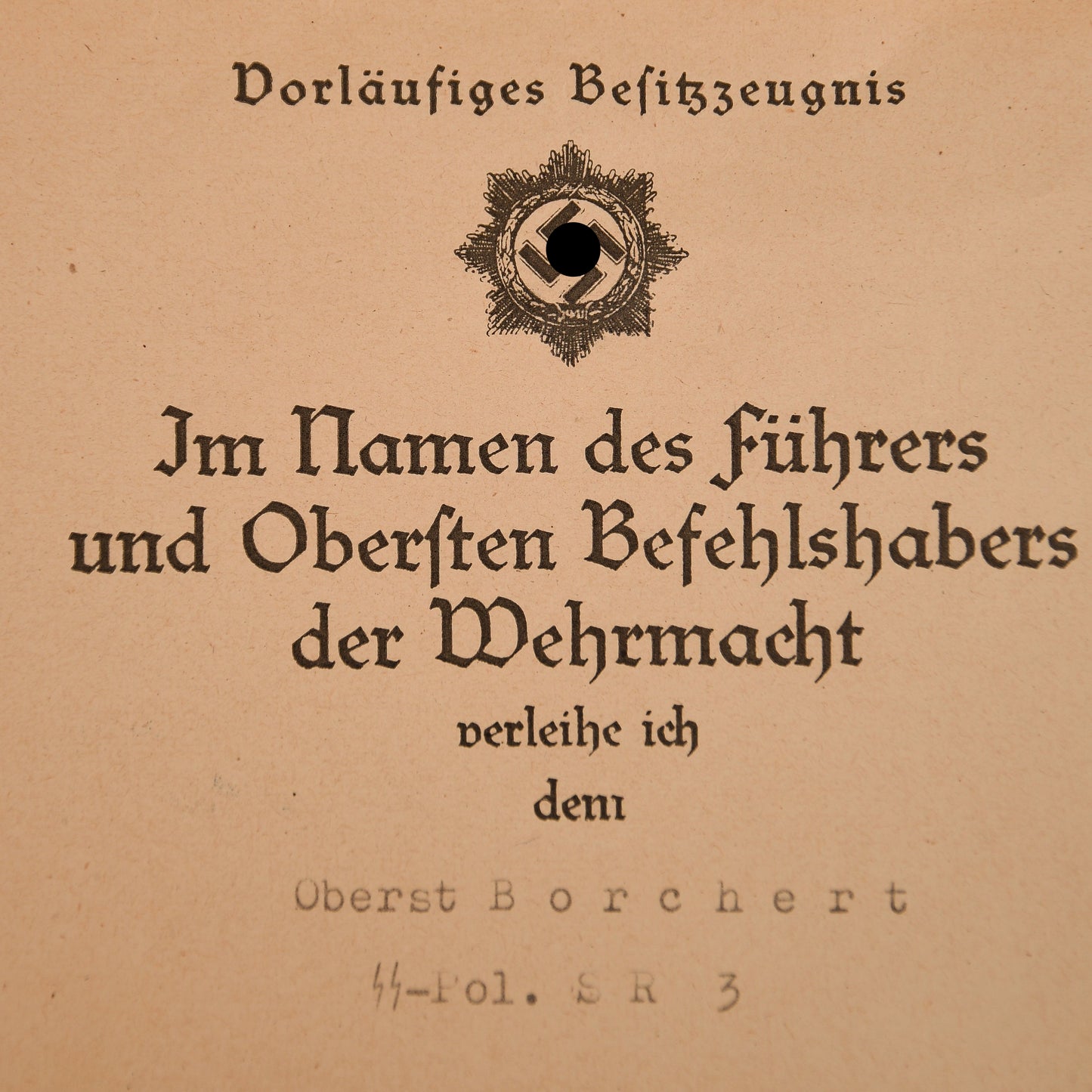 German WWII Waffen-SS German Cross in Gold Citation