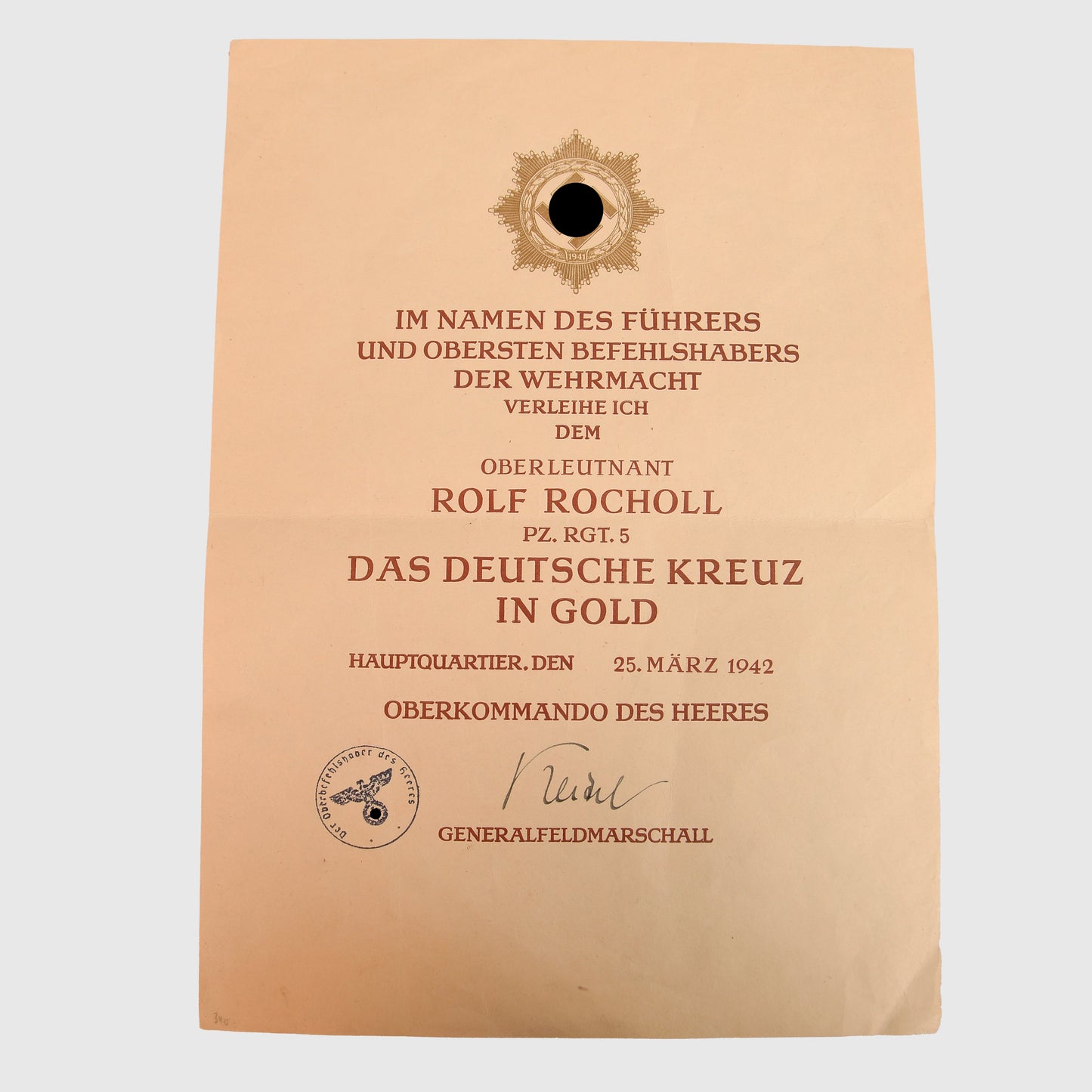 German WWII German Cross in Gold Citation