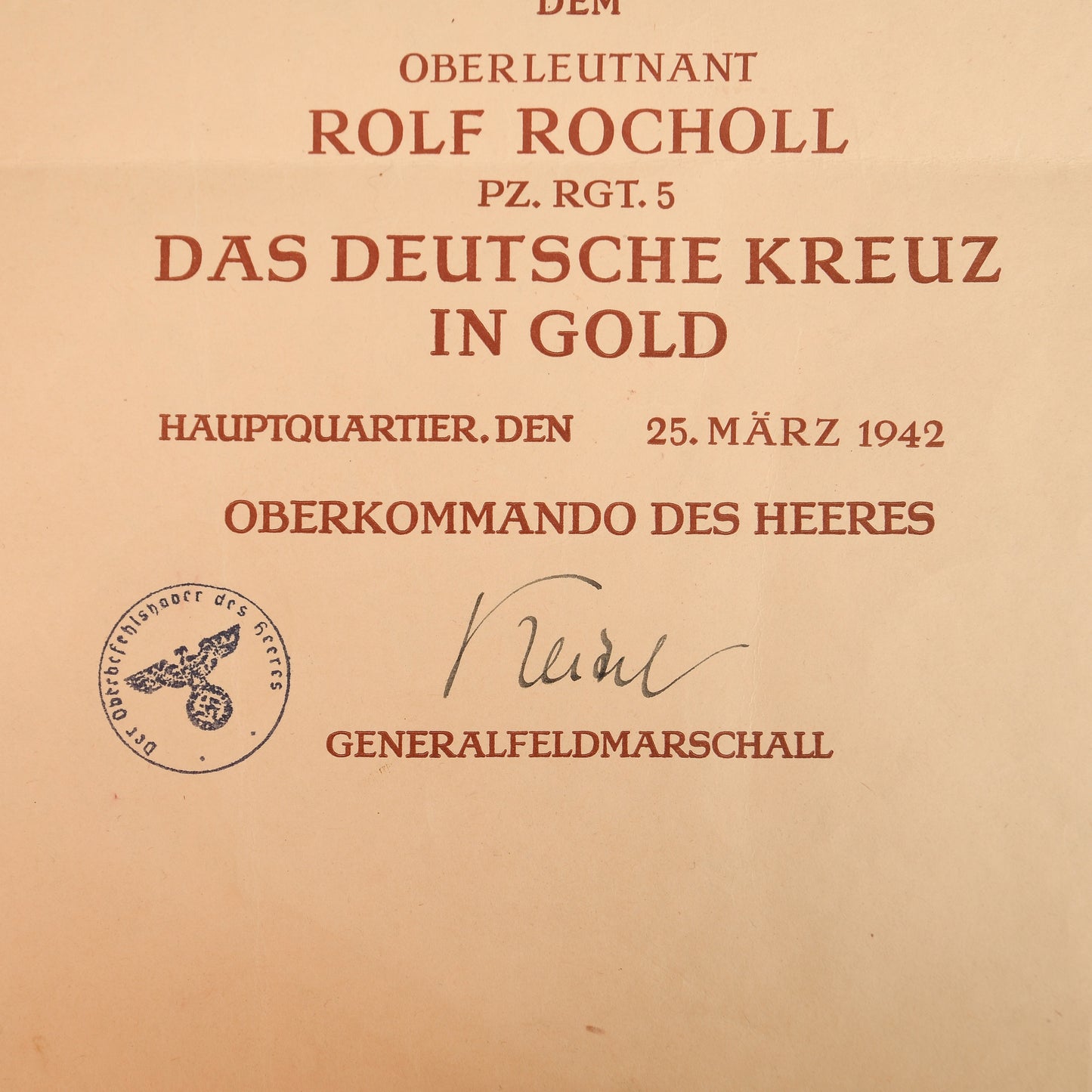 German WWII German Cross in Gold Citation