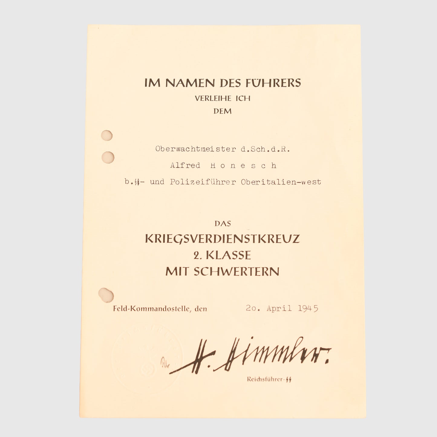 German WWII SS War Service Cross 2nd Class with Swords Citation – Honesch