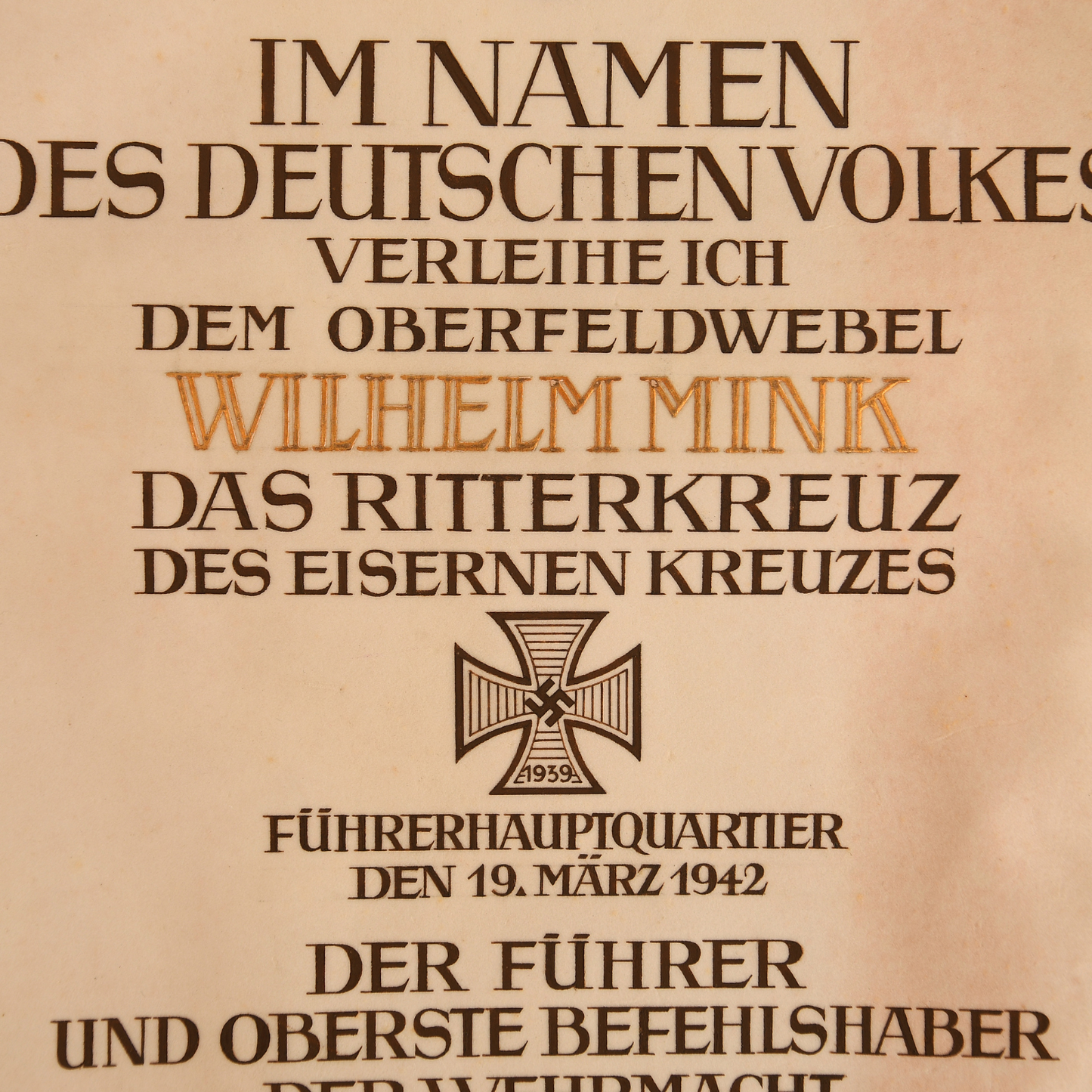 German WWII Knight's Cross to the Iron Cross Citation