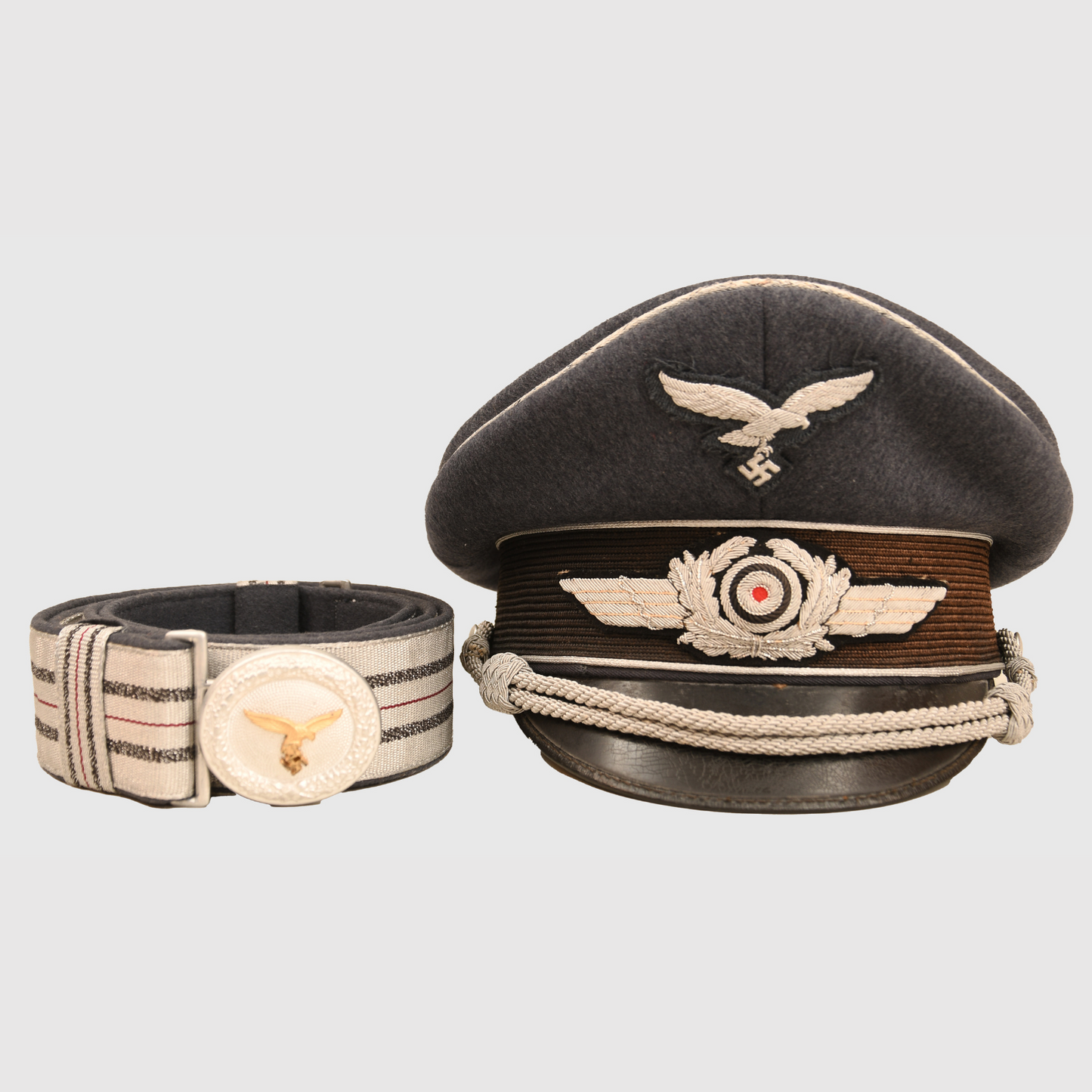German WWII Luftwaffe Officers Visor Cap with Parade Belt - Erel Marked