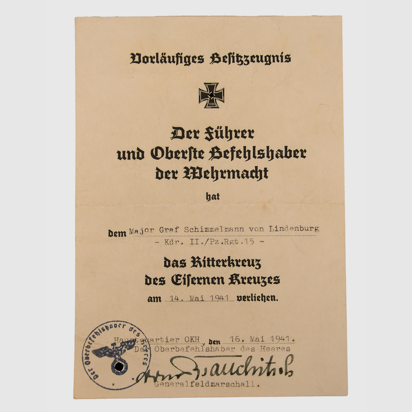 German WWII Panzer Major's Knights Cross Grouping