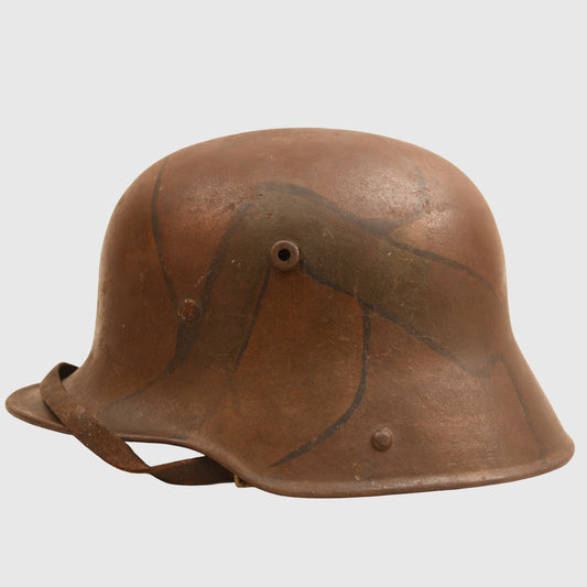 GERMAN WWI M.17 CAMOUFLAGE TRENCH HELMET WITH ORIGINAL CHINSTRAP AND LINER