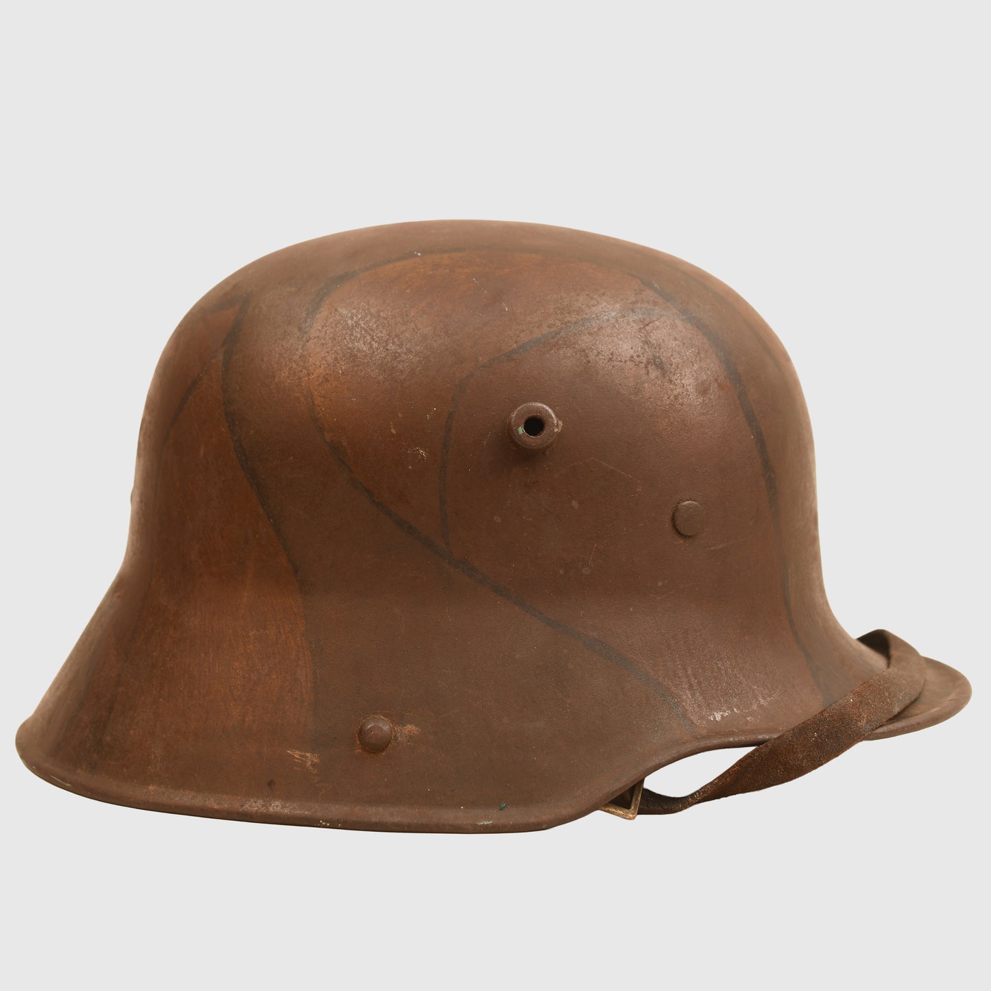 GERMAN WWI M.17 CAMOUFLAGE TRENCH HELMET WITH ORIGINAL CHINSTRAP AND LINER