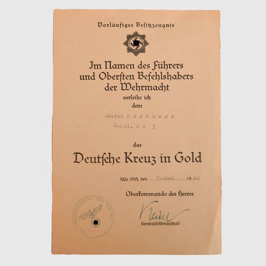 German WWII Waffen-SS German Cross in Gold Citation