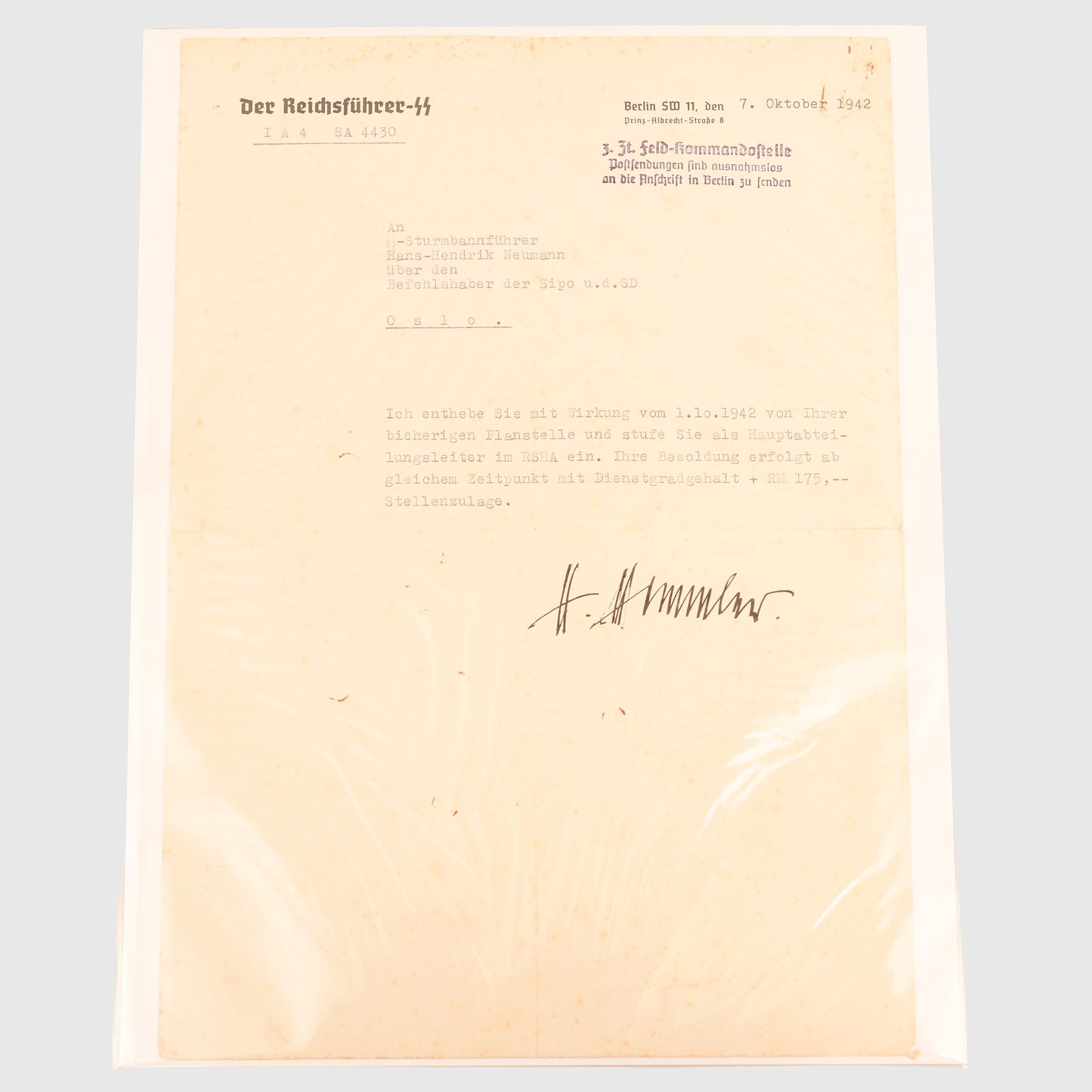 GERMAN WWII HEINRICH HIMMLER SIGNED LETTER
