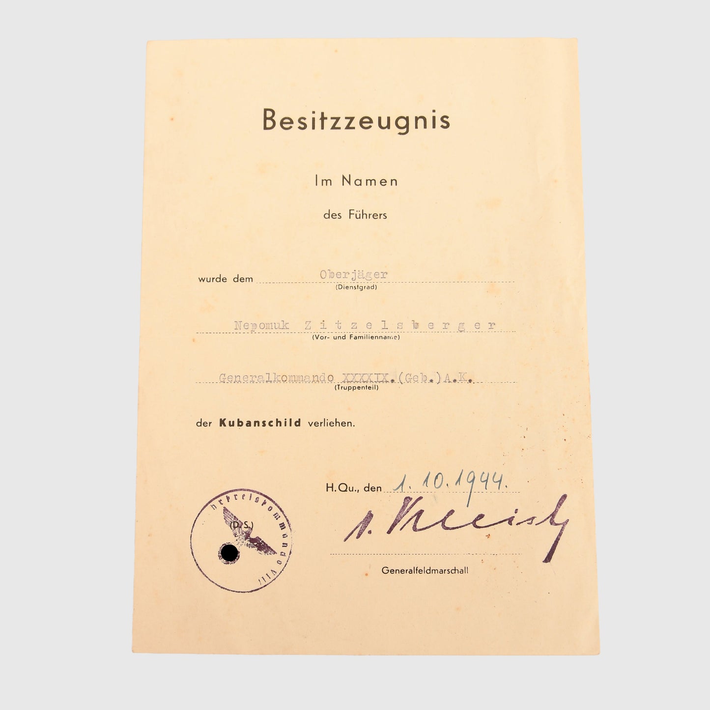 GERMAN WWII KUBAN SHIELD CITATION