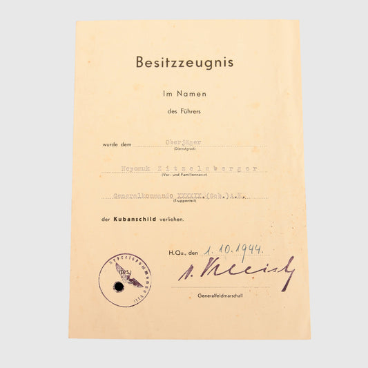 GERMAN WWII KUBAN SHIELD CITATION