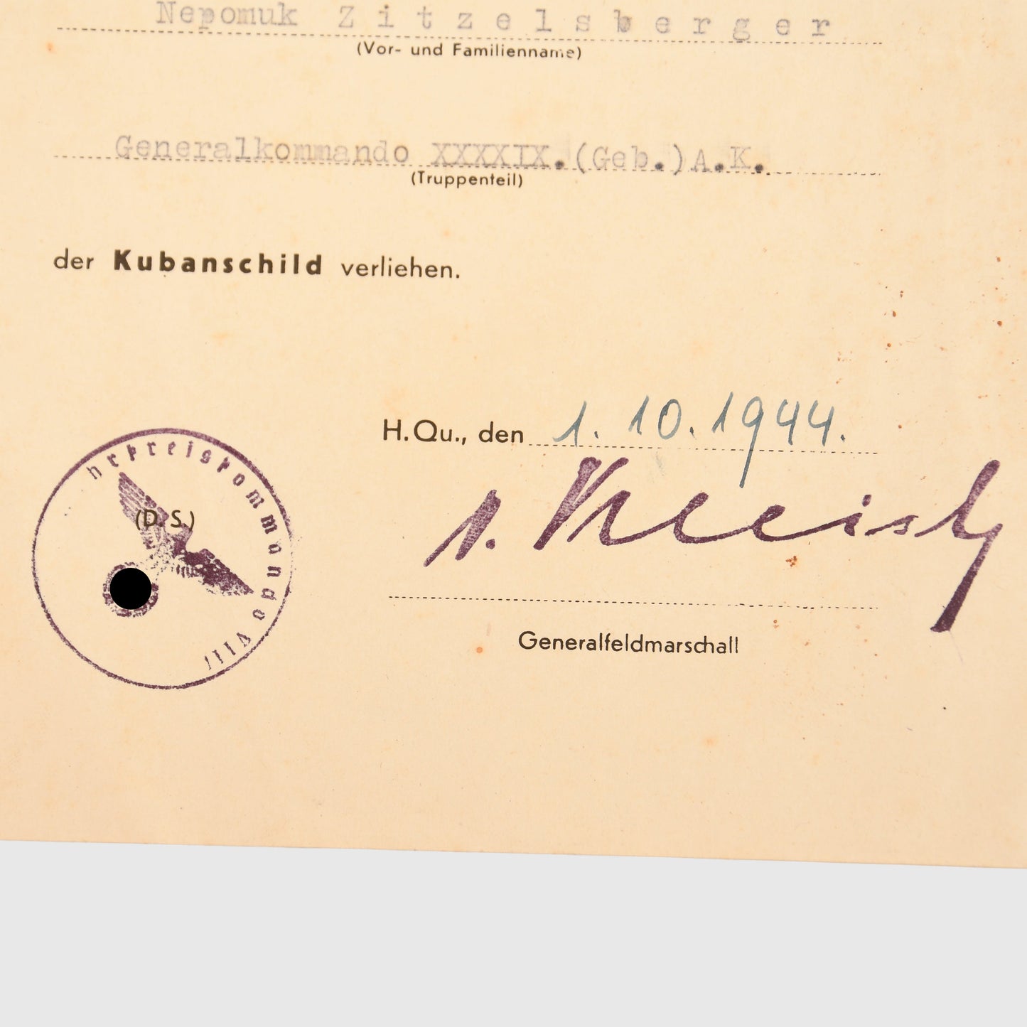 GERMAN WWII KUBAN SHIELD CITATION