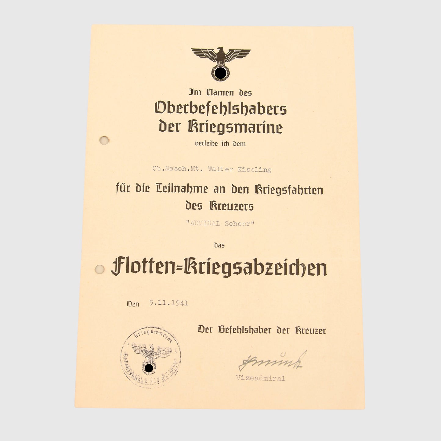 GERMAN WWII KRIEGSMARINE HIGH SEAS FLEET BADGE CITATION - CRUISER KOLN