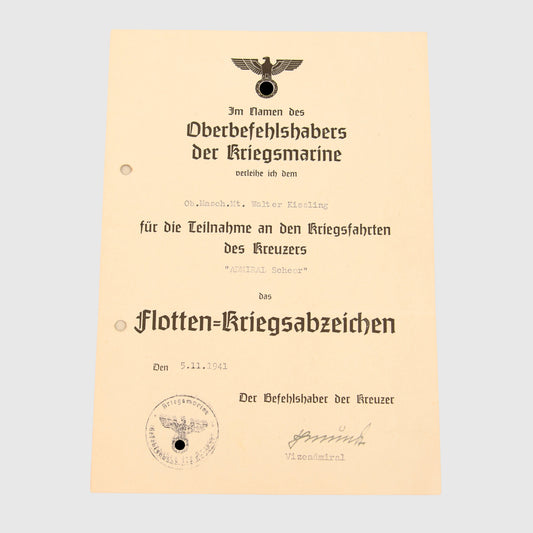GERMAN WWII KRIEGSMARINE HIGH SEAS FLEET BADGE CITATION - CRUISER KOLN