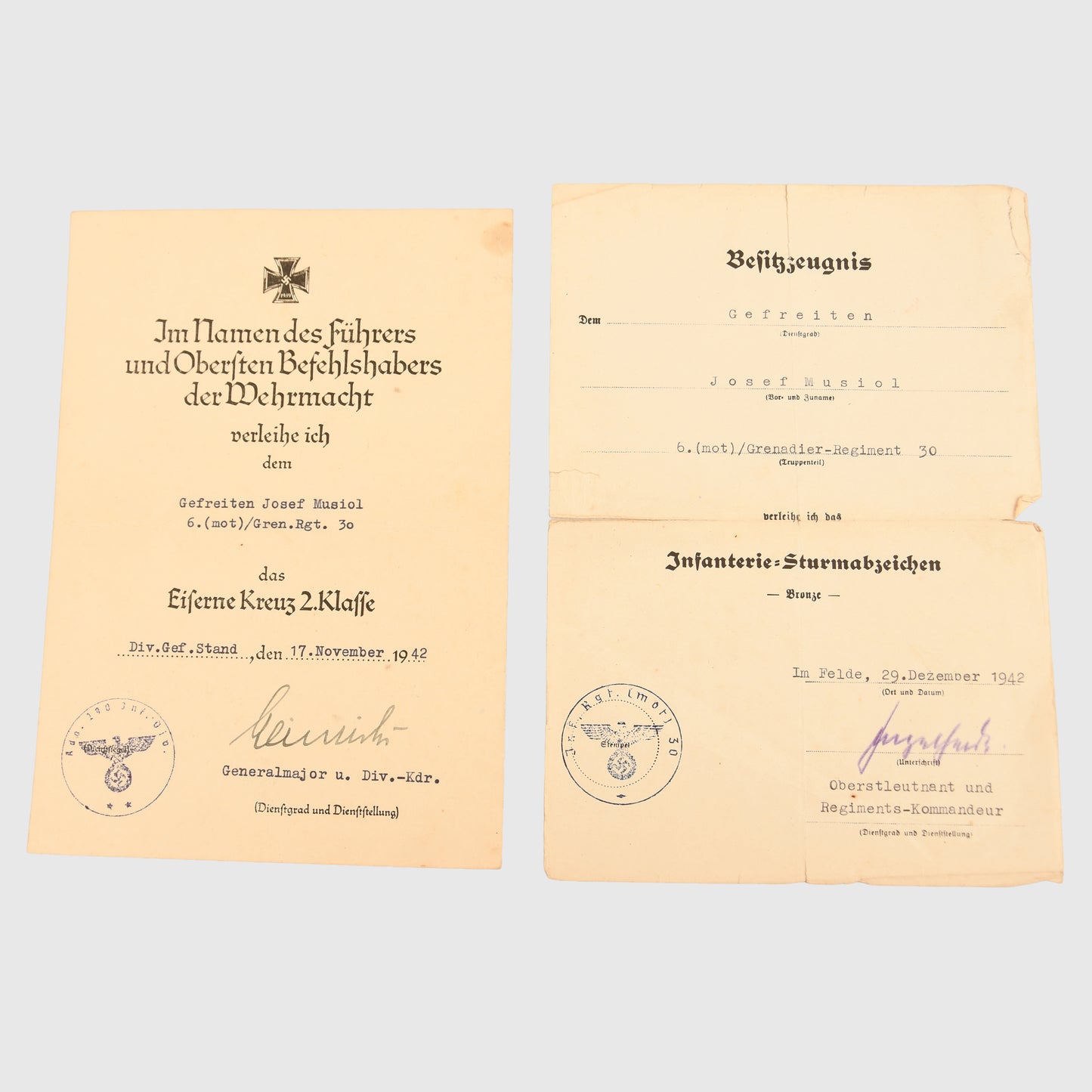 GERMAN WWII ARMY INFANTRY GRENADIER REGIMENT CITATION GROUP