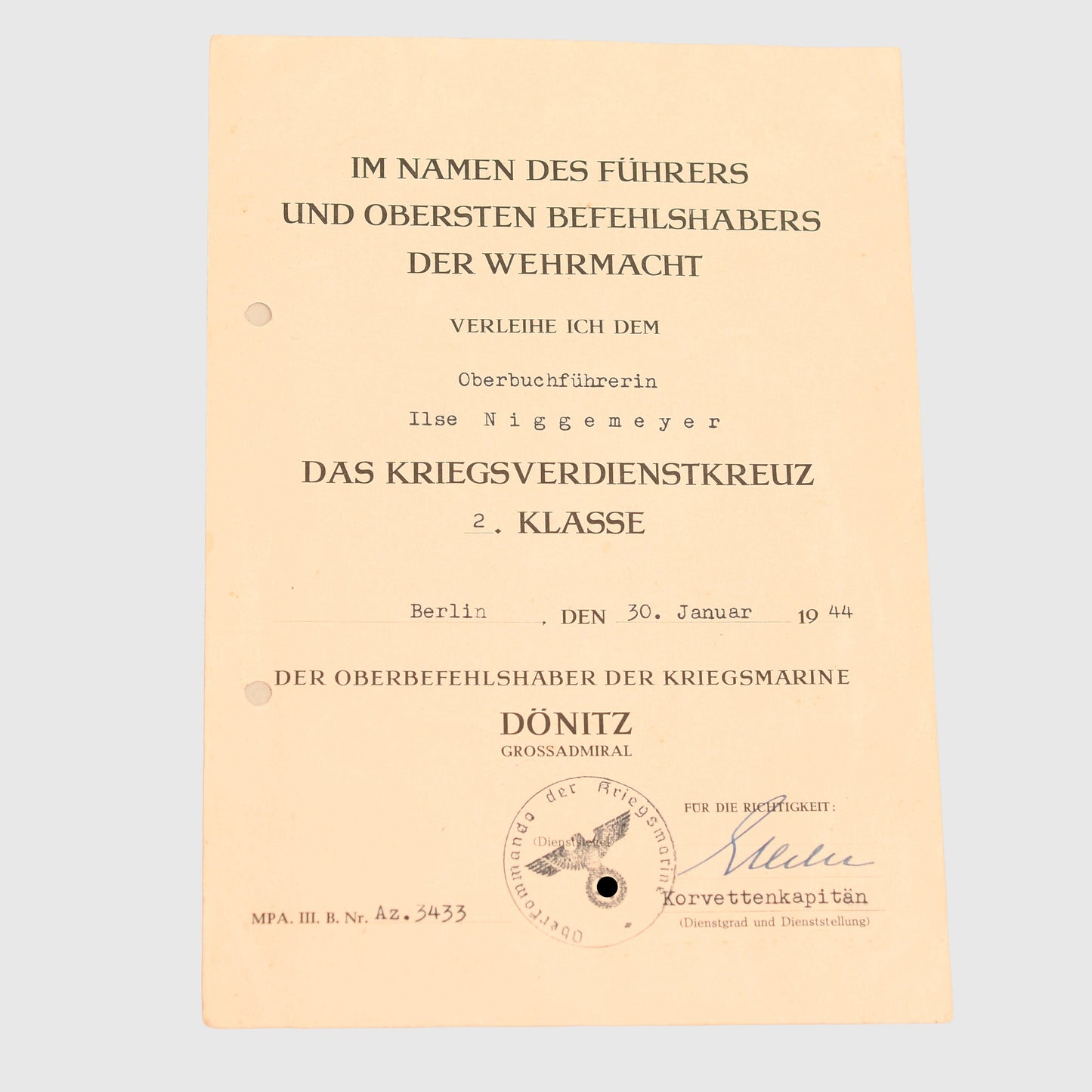 GERMAN WWII WAR SERVICE CROSS 2ND CLASS CITATION TO A FEMALE
