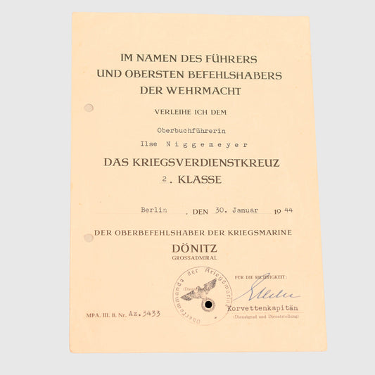 GERMAN WWII WAR SERVICE CROSS 2ND CLASS CITATION TO A FEMALE