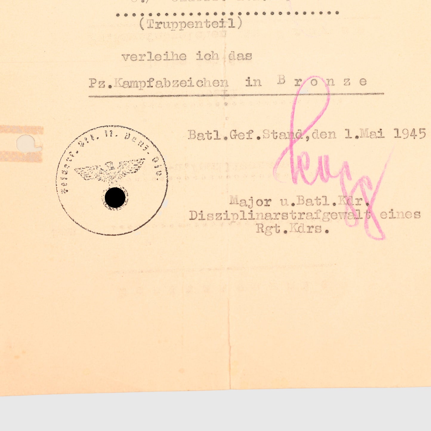 GERMAN WWII A PUNISHMENT BATTALION CITATION