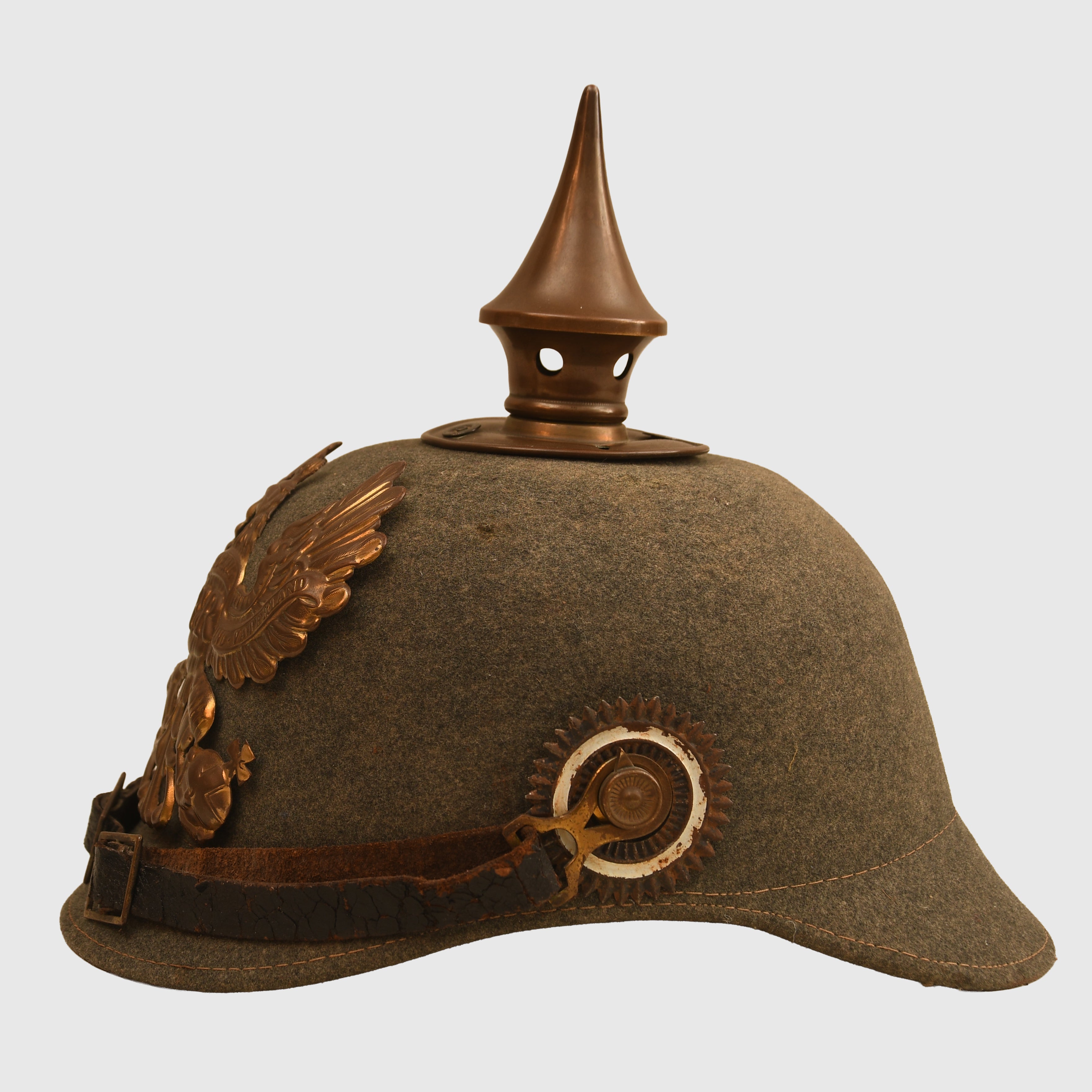 GERMAN WWI PRUSSIAN ERSATZ FELT REGIMENT 157 PICKELHAUBE