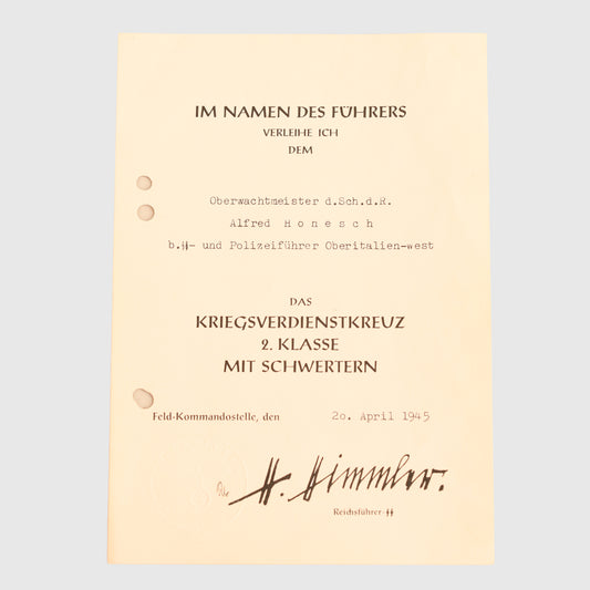 German WWII SS War Service Cross 2nd Class with Swords Citation – Honesch