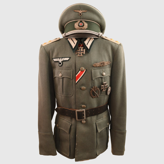 GERMAN WWII COMPLETE INFANTRY HAUPTMANN’S COMBAT TUNIC AND VISOR CAP WITH MEDALS ATTACHED AND BELT
