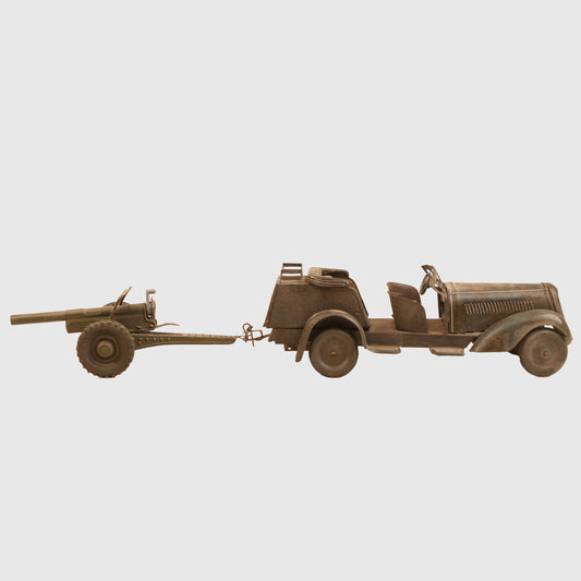GERMAN WWII TIPCO PERSONAL CARRIER WITH ATTACHED LIGHT ANTI AIRCRAFT GUN TOY