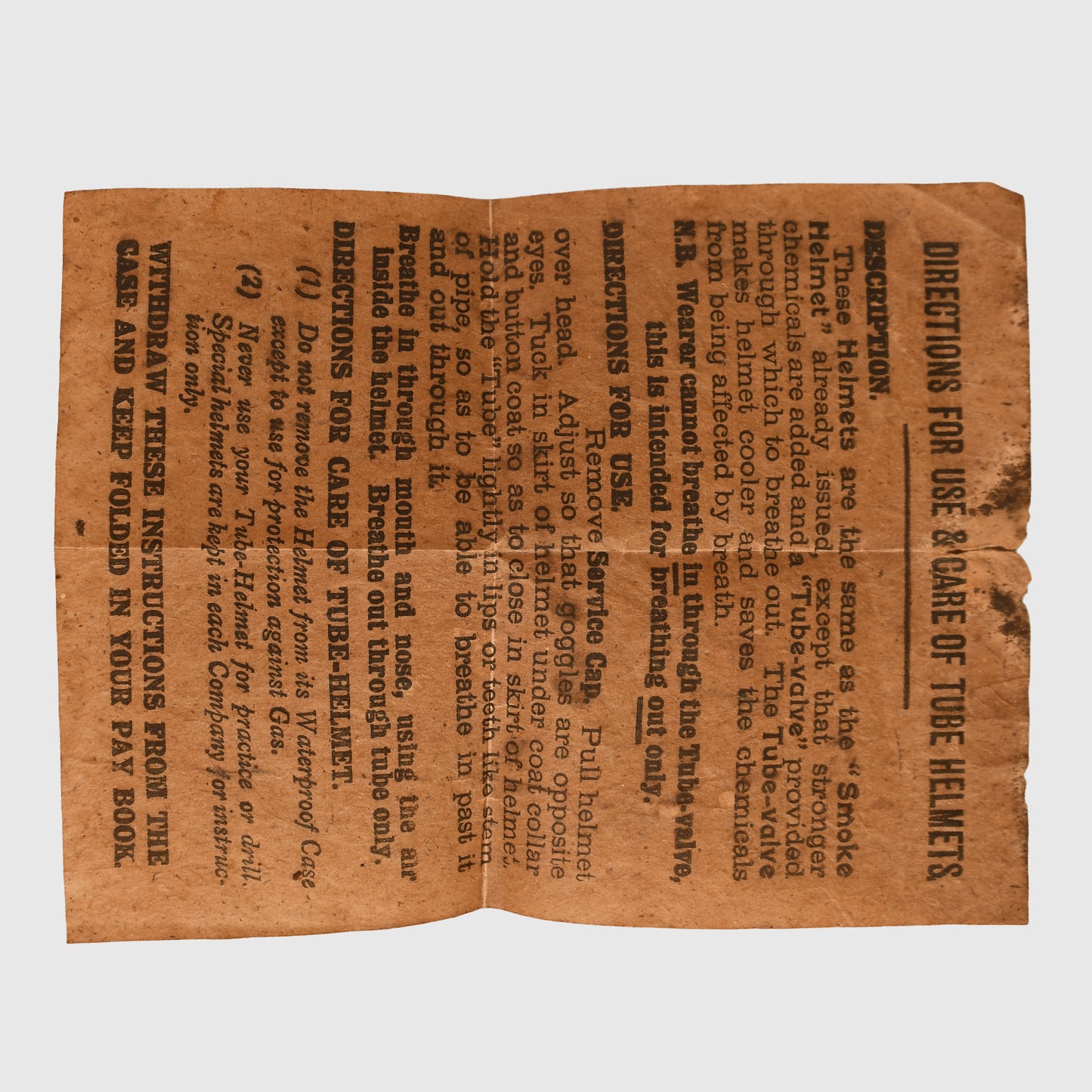 British WWI Hood Tube Gas Helmet with Bag and Instructions