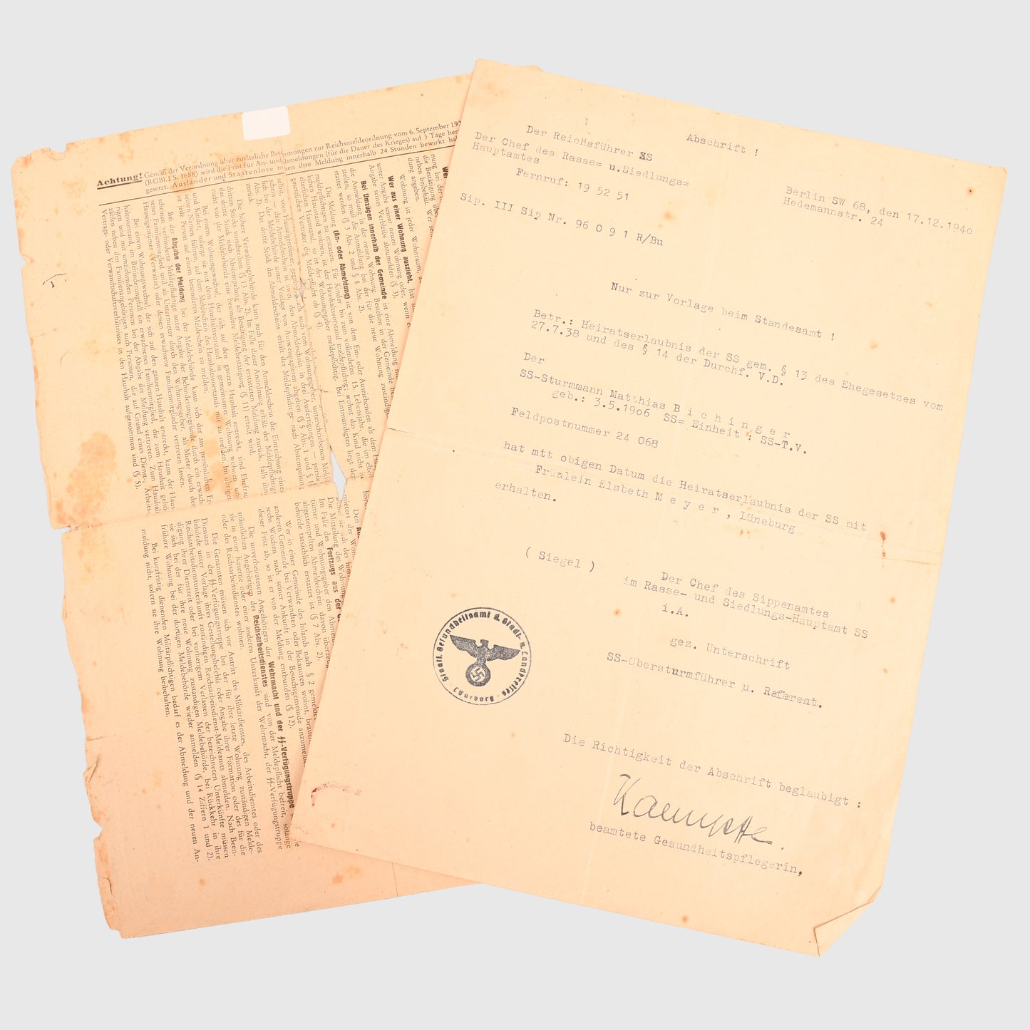 GERMAN WWII SS PAPERWORK GROUPING