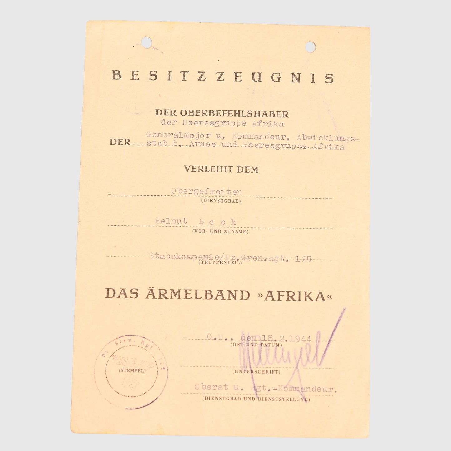 GERMAN WWII AFRIKA CUFFTITLE CITATION