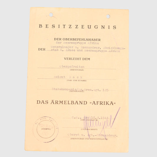 GERMAN WWII AFRIKA CUFFTITLE CITATION
