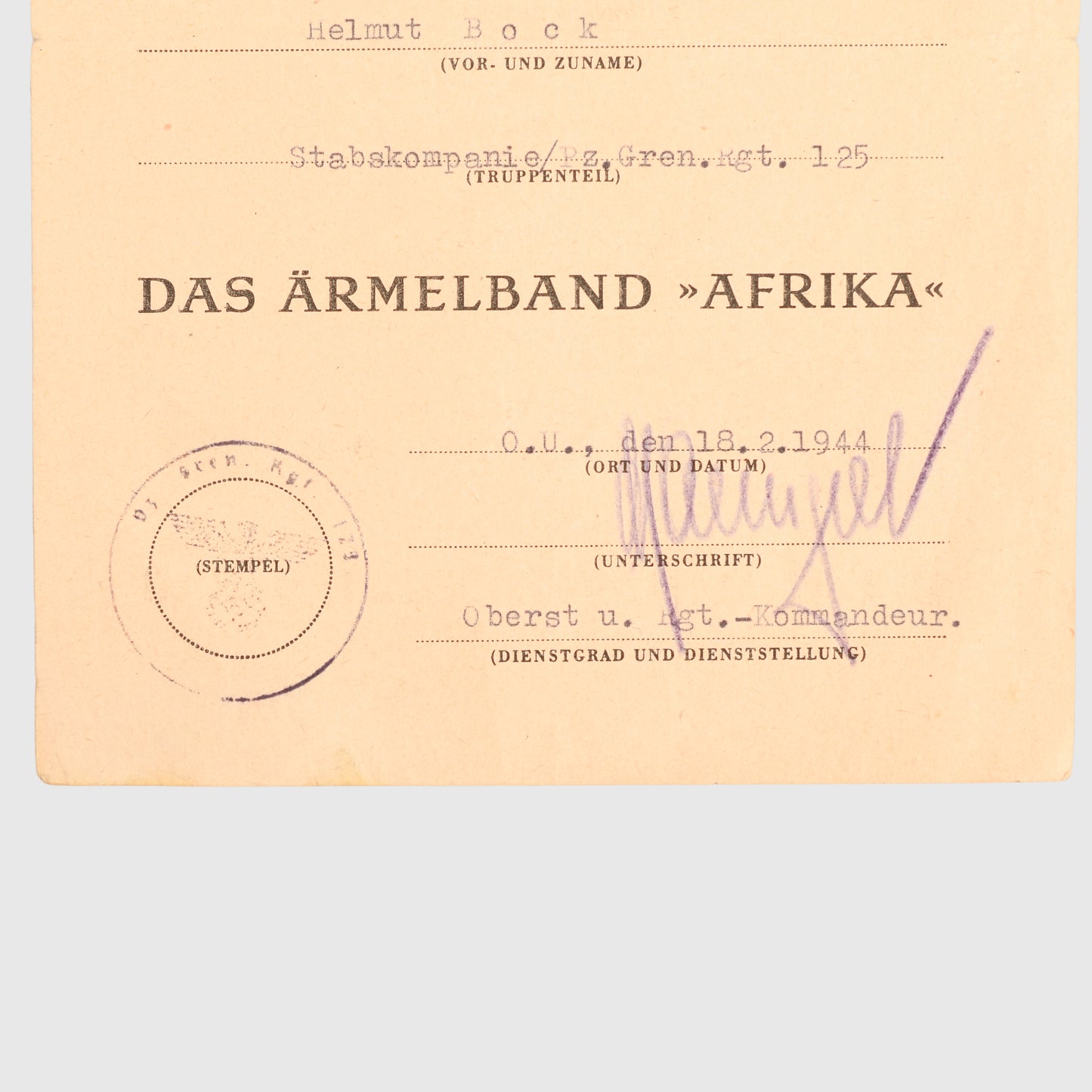 GERMAN WWII AFRIKA CUFFTITLE CITATION