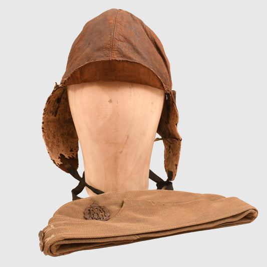 BRITISH WWI ROYAL FLYING CORPS OFFICERS OVERSEAS CAP AND FLYING HELMET