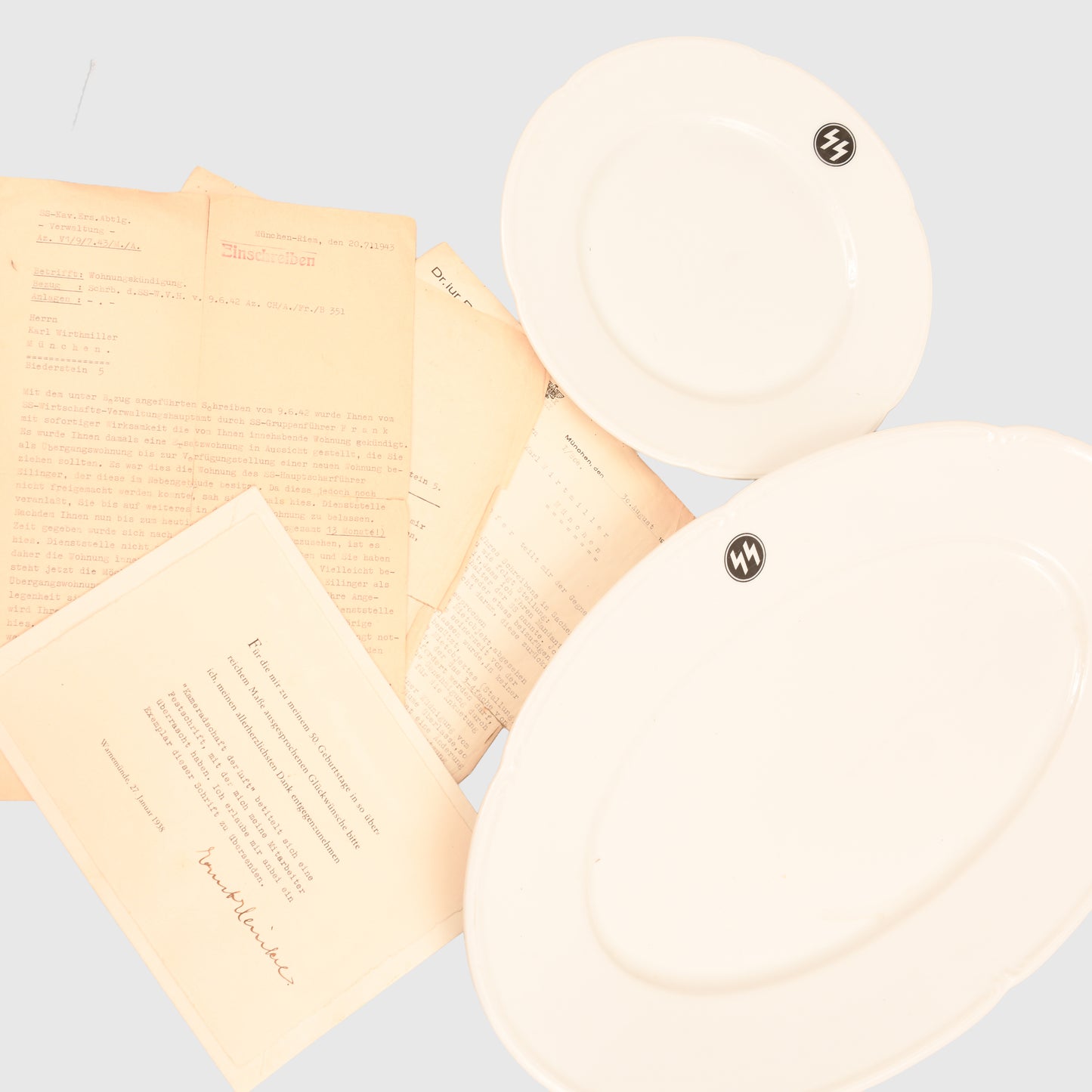 GERMAN WWII SS CAVALRY SCHOOL, MUNICH PORCELAIN TRAY AND PLATE WITH ACCOMPANYING PAPERWORK