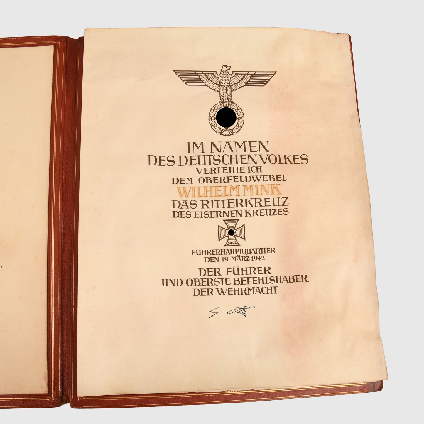 GERMAN WWII KNIGHTS CROSS CITATION WITH FOLDER