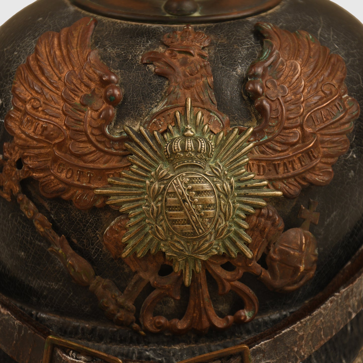 GERMAN WWI THURINGEN INFANTRY REGIMENT 95 ENLISTED MANS PICKELHAUBE - BATTLE DAMAGED