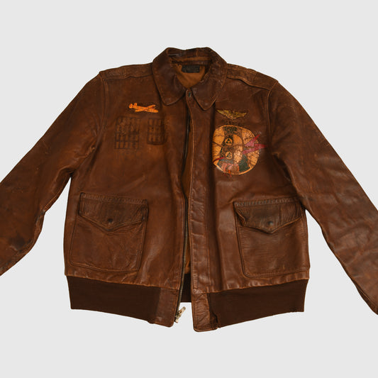 US WWII A2 LEATHER FLYING JACKET WITH PAINTED INSIGNIA
