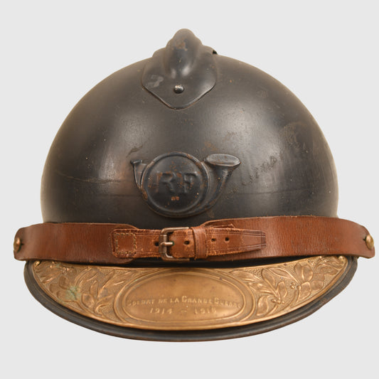 FRENCH WWI CHASSEURS ADRIAN HELMET WITH SOUVENIR PLATE