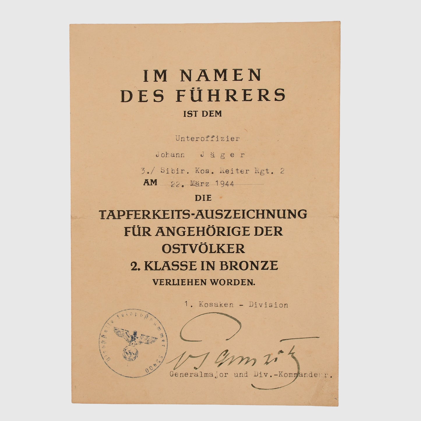 GERMAN WWII KUBAN COSSACK AWARD CITATION