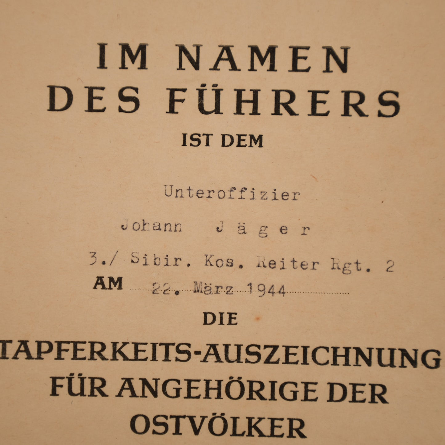 GERMAN WWII KUBAN COSSACK AWARD CITATION
