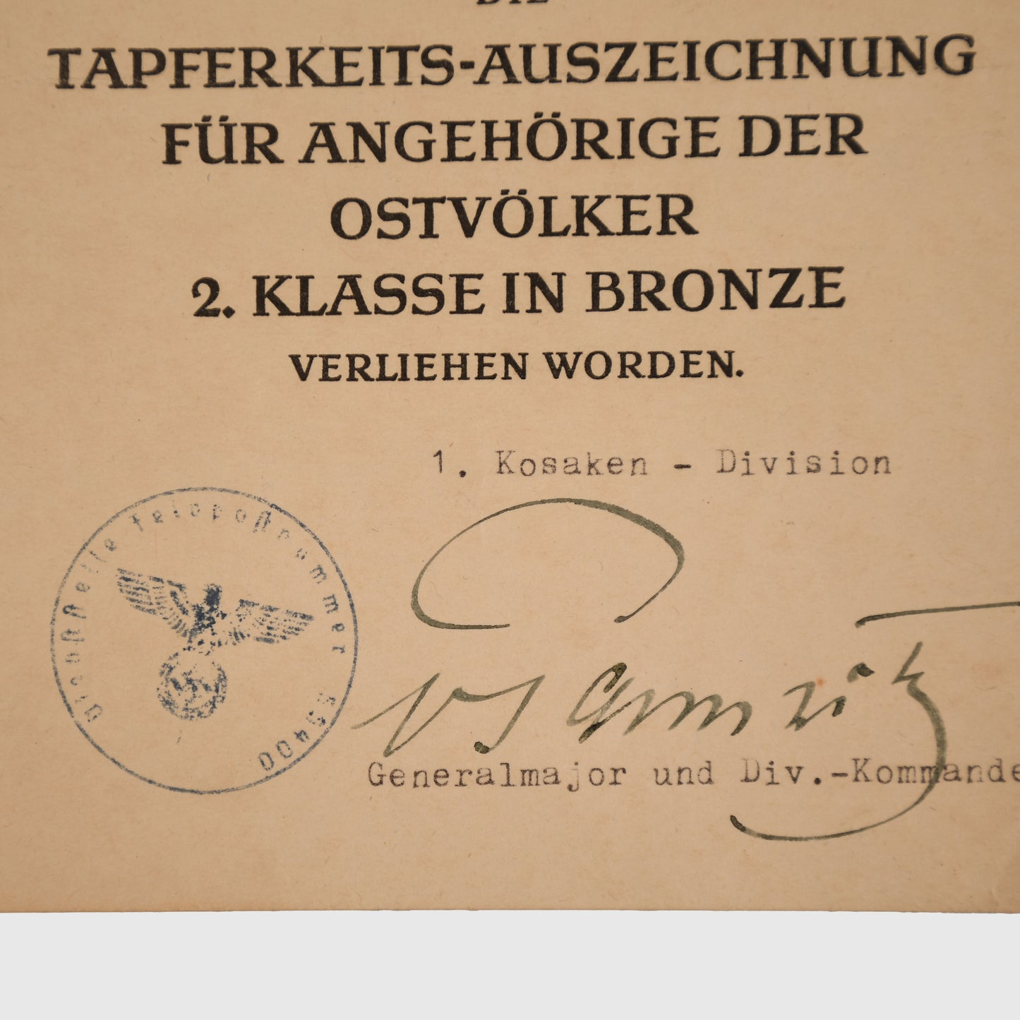 GERMAN WWII KUBAN COSSACK AWARD CITATION