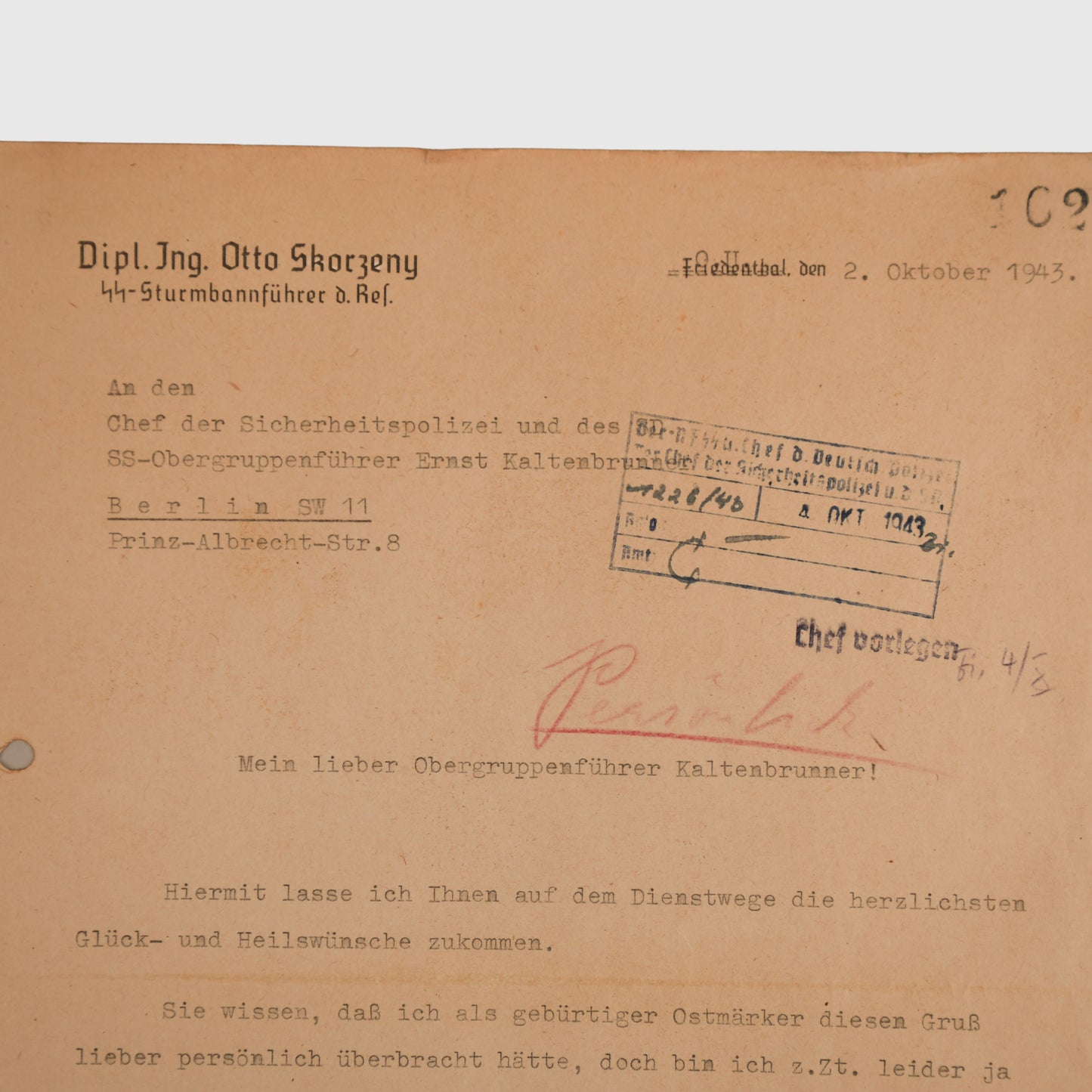 GERMAN WWII SS STURMBANNFUHRER OTTO SKORZENY IMPORTANT LETTER