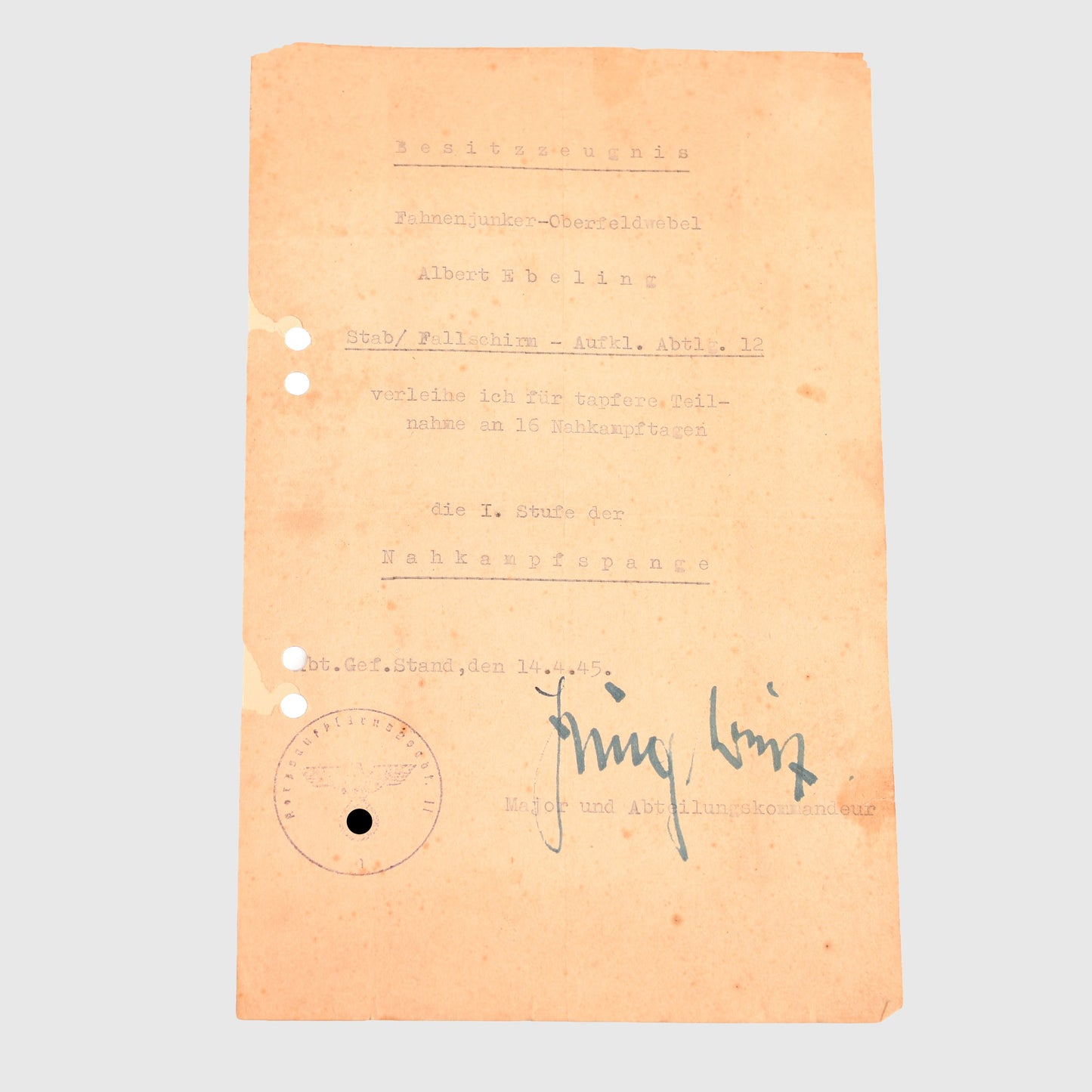 German WWII Luftwaffe Paratrooper Close Combat Bar Citation