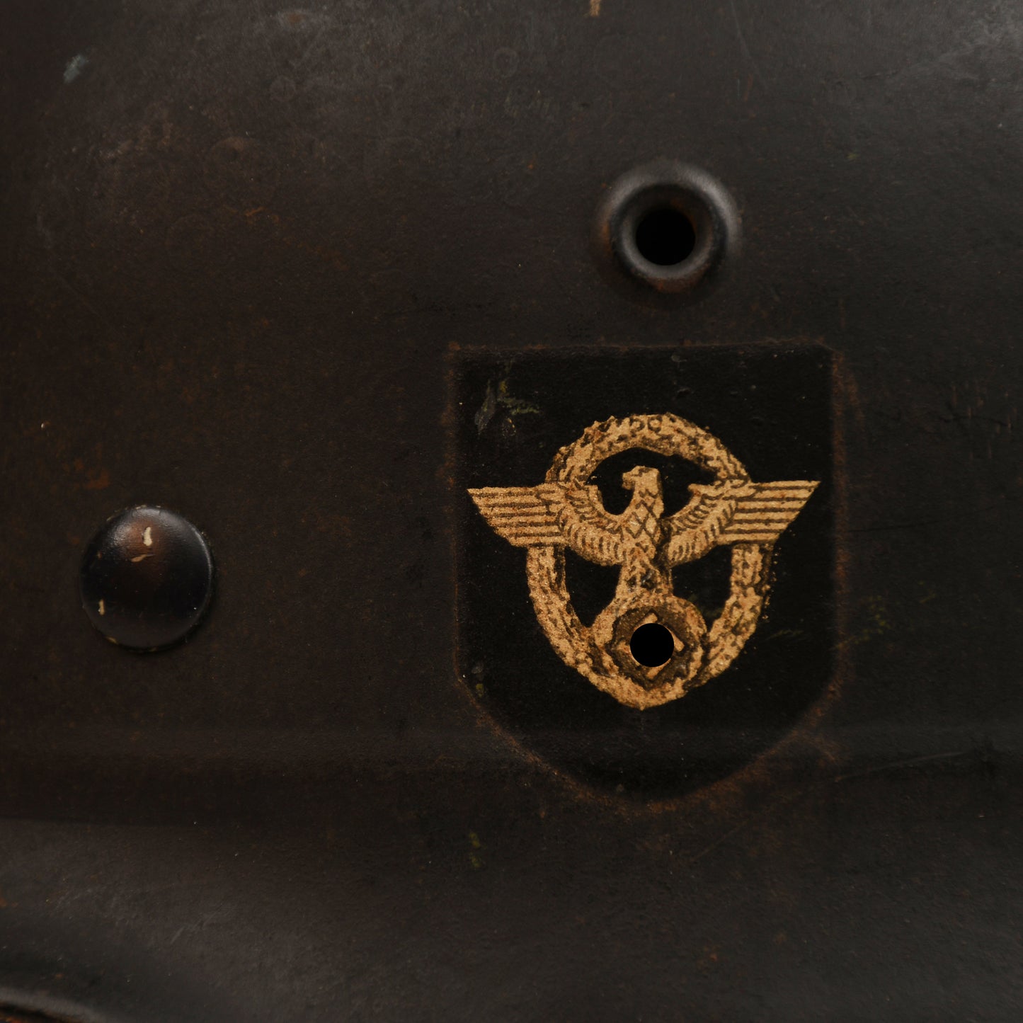 GERMAN WWII POLICE M.40 BEADED DOUBLE DECAL SEMI COMBAT HELMET WITH NON BORDERED DECAL