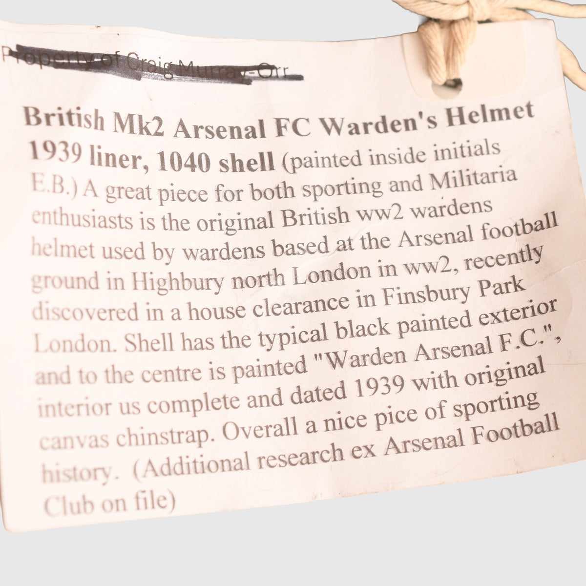 BRITISH WWII ARSENAL FOOTBALL CLUB AIR RAID WARDEN’S HELMET
