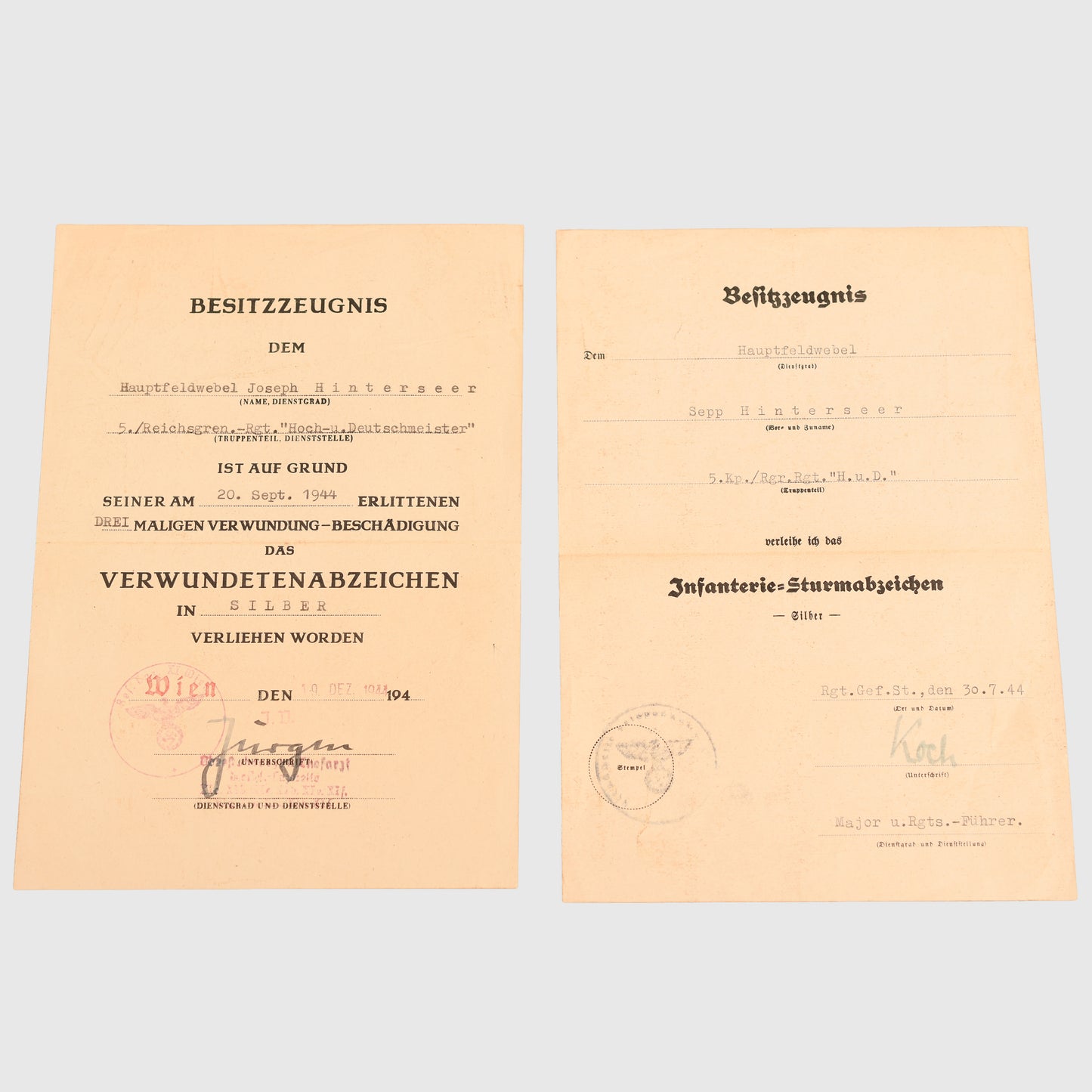 GERMAN WWII WOUND BADGE IN SILVER CITATION FOR REGIMENT HOCH-UND.DEUTSCHMEISTER