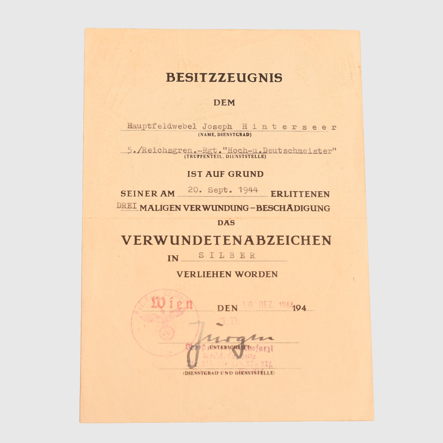GERMAN WWII WOUND BADGE IN SILVER CITATION FOR REGIMENT HOCH-UND.DEUTSCHMEISTER