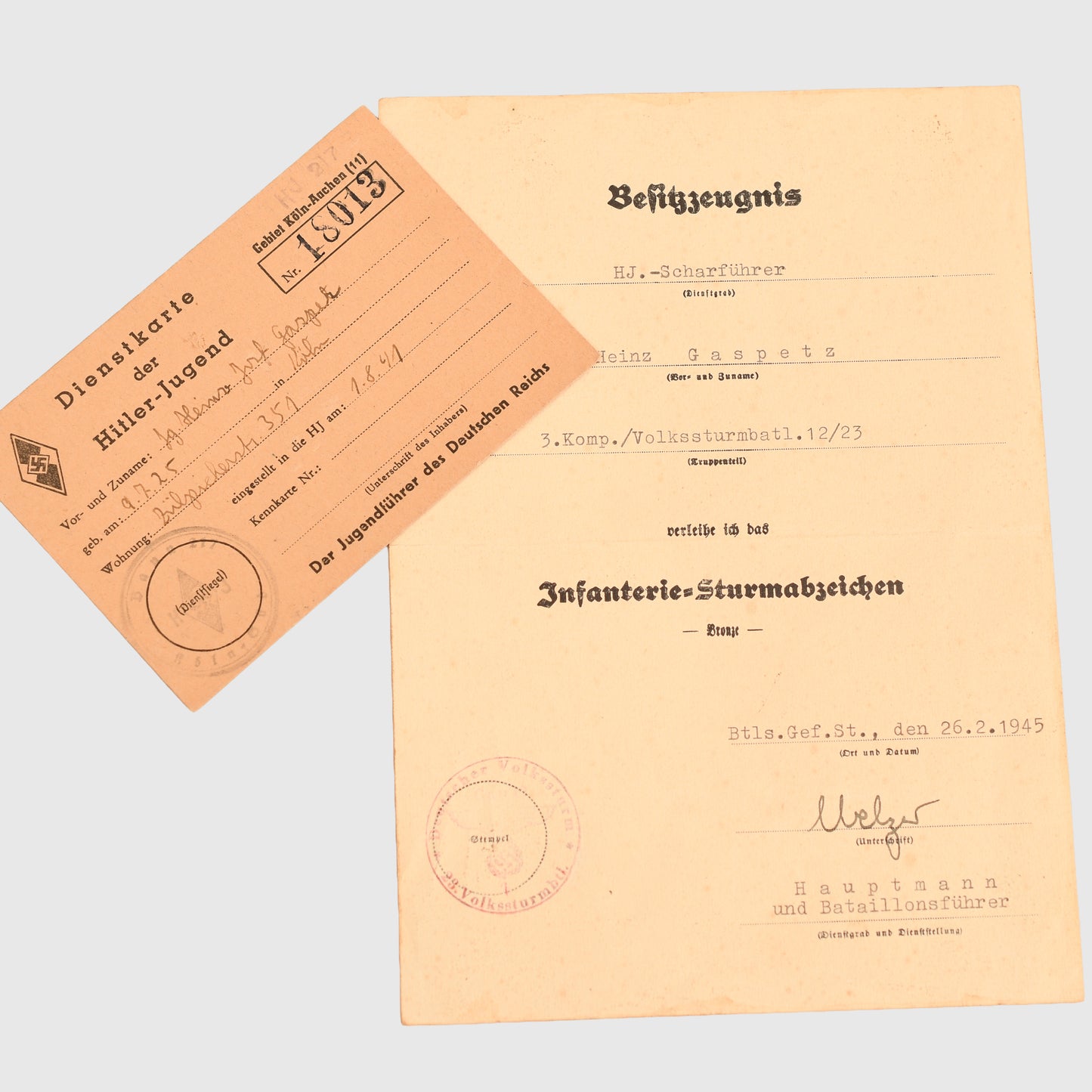 GERMAN WWII HITLER YOUTH DEFENCE OF BRESLAU 1945 CITATION AND MEMBERSHIP CARD