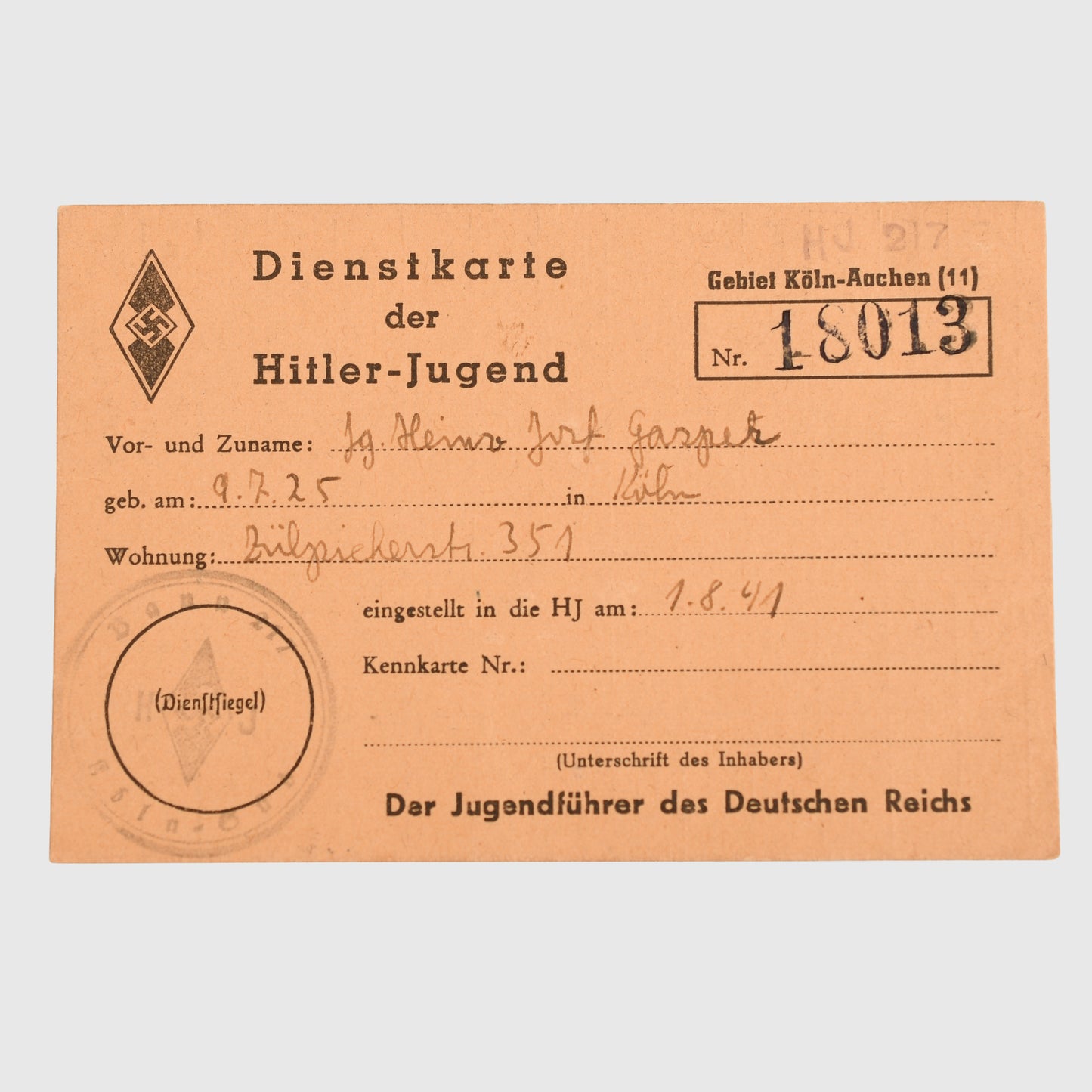GERMAN WWII HITLER YOUTH DEFENCE OF BRESLAU 1945 CITATION AND MEMBERSHIP CARD