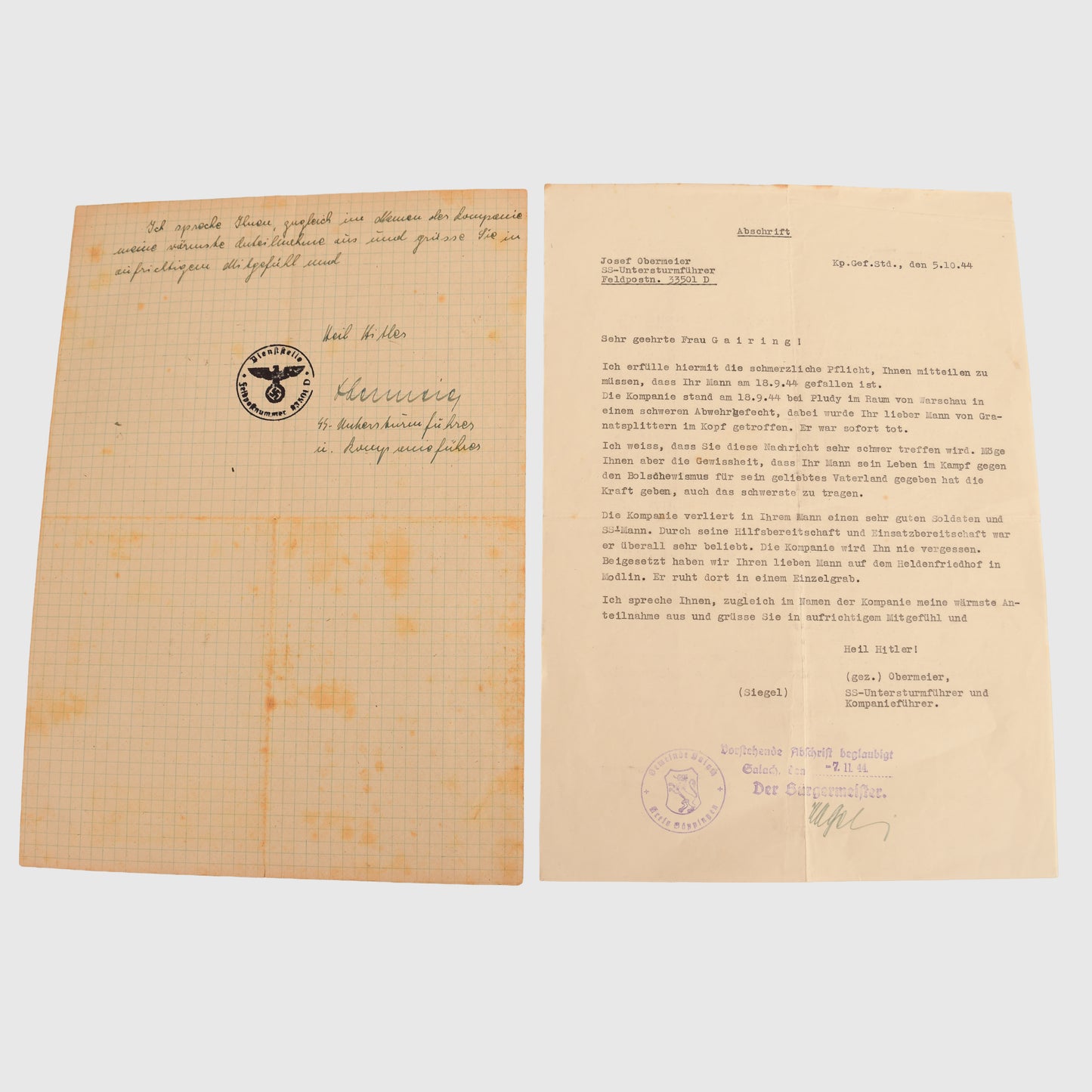 German WWII SS Paperwork Grouping