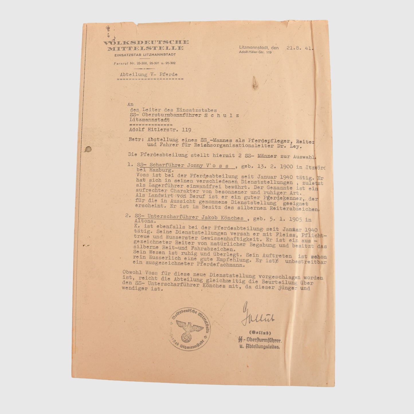 German WWII SS Obersturmbannführer Karl Schulz Document Grouping