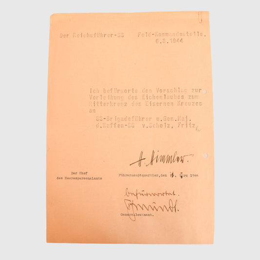RECOMMENDATION LETTERS FOR THE OAKLEAVES FOR SS BRIGARDEFUHRER FRITZ VON SCHOLZ